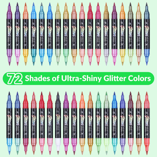 KEMYR Glitter Effect Brush Markers Pens,72 Colors Dual Tip Glitter Pens Set 36 Pack Metallic Sparkle Markers for Cards, DIY Crafts, Doodle, Writing, Adults Coloring Books, Art Supplies Scrapbooking