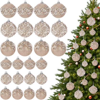 Poen 24 Pcs Glitter Christmas Ball Ornaments Set Christmas Tree Ornaments Hanging Sequin Foam Xmas Balls Decoration for Xmas Tree Wreath Garland Home Decor Wedding Party(Champagne)