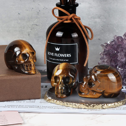 Artistone 2.0" Tiger Eye Crystal Skull Head Statue,Hand Carved Gemstone Human Reiki Skull Figurine Sculpture Crystal and Healing Stones for Home,Office Halloween Decor