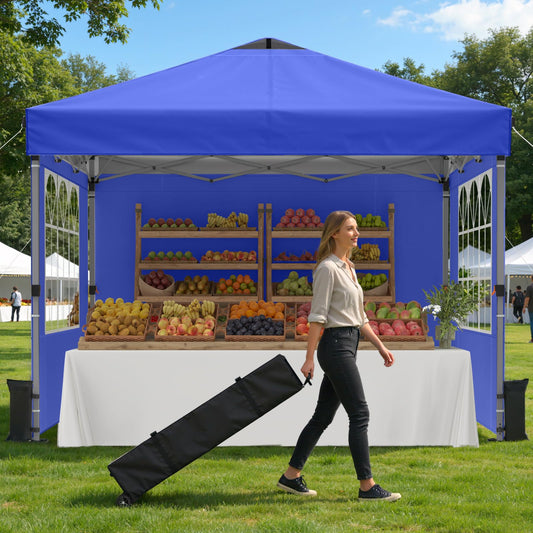 Raynesys Pop Up Canopy Tent with Sidewalls, 10x10ft 10 Person Party Tent One Push Setup, Portable Gazebo Outdoor Sun Shade for Events, Parties, Camping, Commercial, Silver Coated Top, Blue