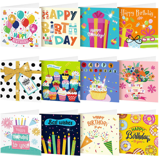 Saillong 12 Pack Happy Birthday Diamond Painting Greeting Card Kits DIY Diamond Art Cards with Envelopes Birthday Cake 5d Rhinestones Painting Kits for Adults DIY Crafts Family Friend Birthday Gifts
