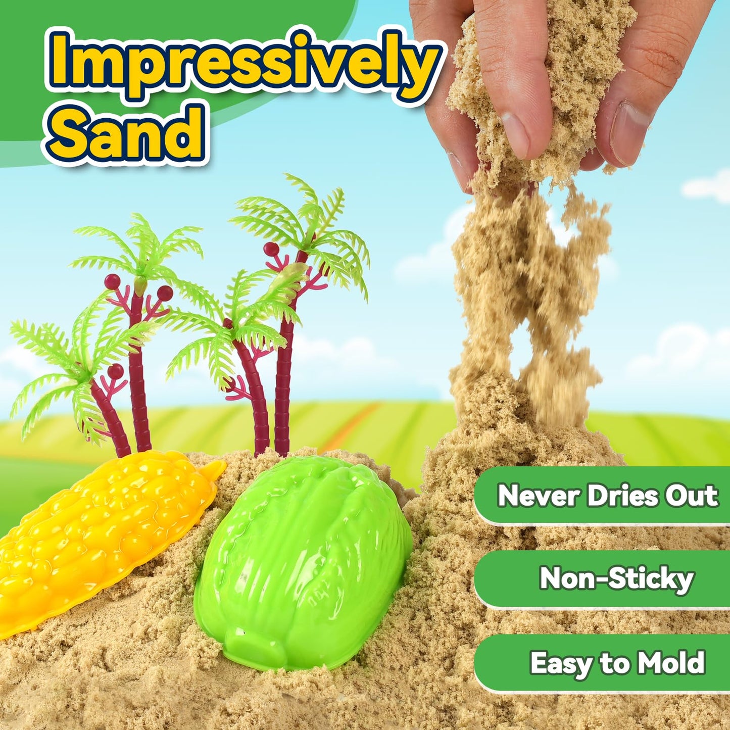 KAYOMIPE Farm Play Sand Toys for Toddlers, 45PCS 2.65Lbs Sensory Sand Set, Kids 3-7 Indoor Outdoor Toys, Christmas Birthday Gift for Boys Girls