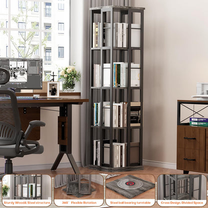 Aheaplus Rotating Bookshelf, 4-Tier Corner Bookshelf, 360 Display Wood Spinning Bookshelf, Floor Standing Bookcase Narrow Shelf Revolving Organizer Storage Rack for Small Space, Grey Oak