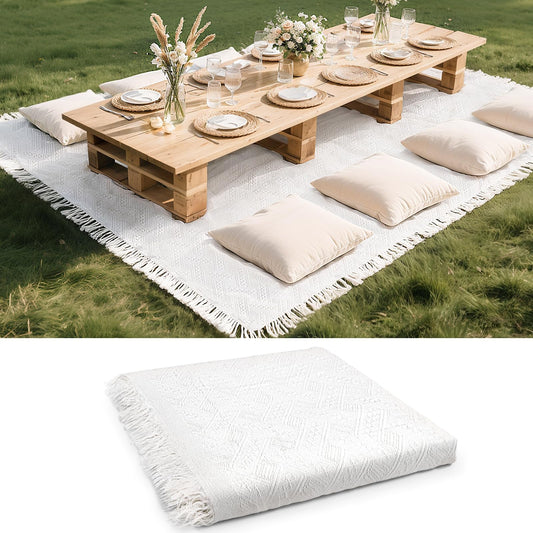 98 x 91 Extra Large White Outdoor Picnic Blanket, Woven Cotton Yarn Oversize Portable Blanket with Fringe for Camping, Lawn or Wedding Photoshoot. Indoor Bohemia Decorations, Machine Washable