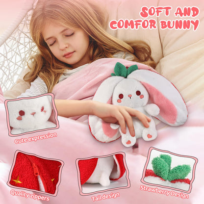 Emoin Bunny Stuffed Animal Reversible Cuddle Strawberry Bunny Plush Transformed Rabbit Toy Plush with Zipper Easter Bunny Plushies Gifts for Baby Boys Girls-7Inch