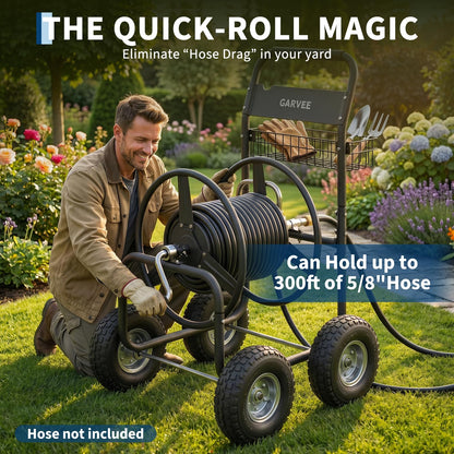 Garvee Garden Hose Reel Cart with Wheels, Hold Up to 300 ft of 5/8’’ Hose, Heavy Duty Water Hose Reel with Storage Basket, 4 Large Pneumatic Tires, Mobile Outdoor Hose Storage for Garden, Yard, Farm