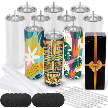 Joyclub Sublimation Tumblers Blanks 20 oz 10 Pack Skinny Straight Tumblers Bulk Stainless Steel Insulated Sublimation Cups with Lid and Straw, Gift Box
