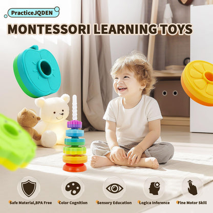 PracticeJQDEN Educational Baby Spinning Stacking Toy, Stacking Rings Baby Toy, Montessori Learning Toys for Toddlers, Fine Motor and Sensory Toys for Kids, Gift for Baby Girls Boys Age 12+ Months