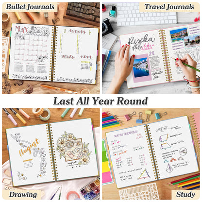 Bullet Dotted Journal Spiral Notebook, 300 Pages Leather Notebooks with Contens, 120 GSM Thick No Bleed Through Paper Journals, A5 Dot Grid Notebook for Women Men School Work Writing, 5.5" x 8", Black