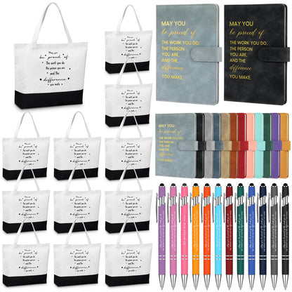 Paterr 12 Sets Employee Appreciation Gifts Bulk, Thank You Team Gifts, Inspirational Leather Notebooks Canvas Tote Bags Ballpoint Pens for Teachers Coworkers Colleagues (Elegant Colors)