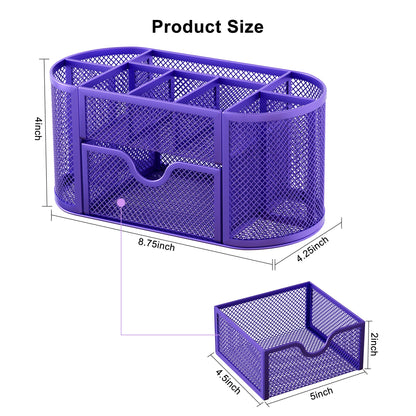 EasyPAG Mesh Pen Holder Desk Organizer with Drawer Stationery Supplies Organizer for Dorm School 9 Compartments Workspace Desk Accessories Organization for Office, Purple