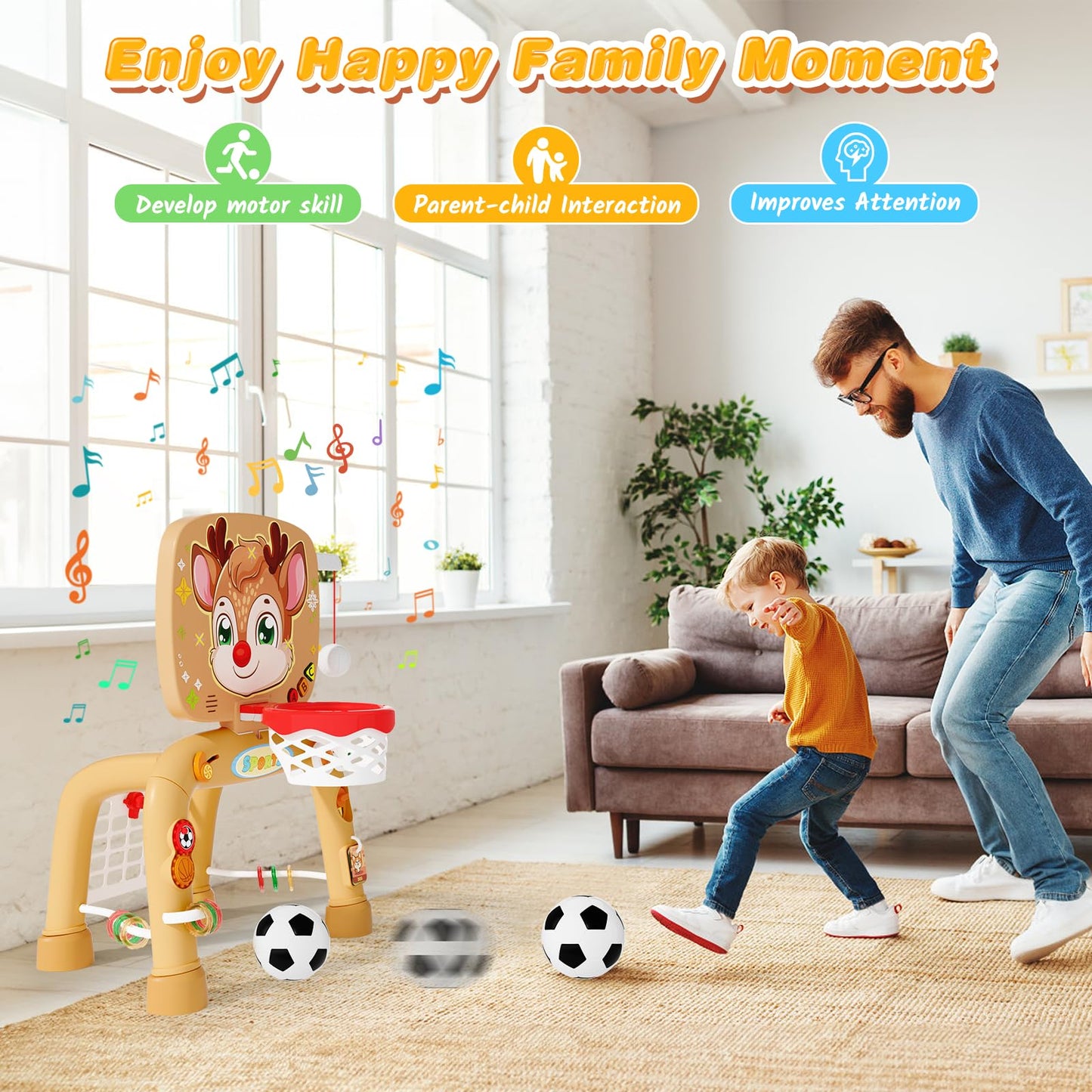 Toddler Basketball Hoop & Soccer Goal Baseball Play Activity Center,Toys for 1 2 3 Year Old Boys Girls,Montessori Sports Toys with Sound Music Christmas Birthday Gifts for Baby Kids 12 Months+
