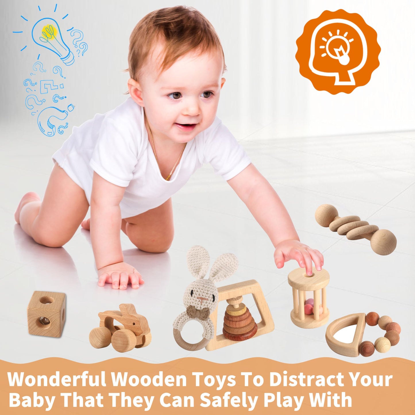 Wooden Toys for Babies, 7PCS Wooden Baby Rattle for 7-24 Months Boys Girls, Natural Wood Montessori Toys Set with Crochet Rabbit Rattle for Infant Grasping, Gift for Baby