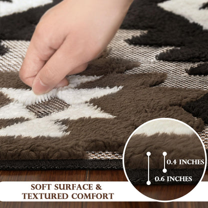 Aztec Area Rug 8x10, High-Low Plush Pile Western Washable Rugs for Living Room Bedroom, Boho Moroccan Geometric Non Slip Textured Fluffy Nursery Carpet Soft Indoor Shag Rugs for Dining Room, Brown