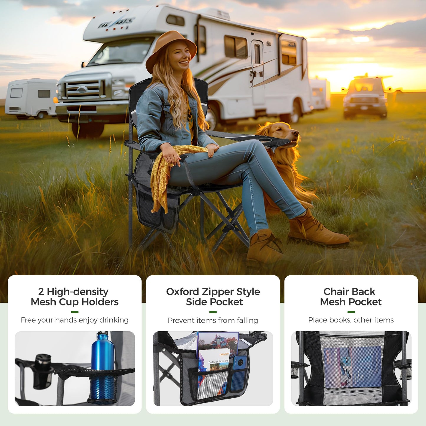 ALPHA CAMP 2PC Oversized Mesh Back Camping Folding Chair Heavy Duty Support 350 LBS Collapsible Steel Frame Quad Chair Padded Arm Chair with Cup Holder Portable for Outdoor (Black-2PC)