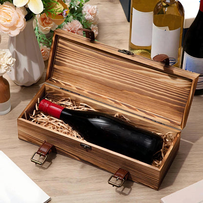Briwooody 1 Pack Vintage Wooden Wine Gift Box - Rustic Wine Bottle Gift Case Single Bottle Holder with Leather Buckle Straps and Locking Latch for Birthday, Wedding, Anniversary, Housewarming