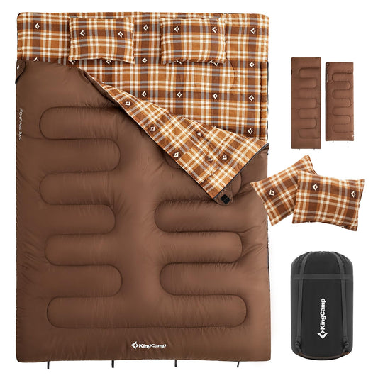 KingCamp Double Sleeping Bag for Adults, Queen Size 2 Person XXL Flannel Sleeping Bag, Waterproof Lightweight Flannel Quilt with 2 Pillows, Perfect for Couples Family Camping Hiking, Coffee