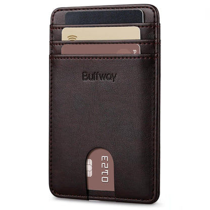 Buffway Mens Slim Wallet, Minimalist Thin Front Pocket Leather Credit Card Holder with RFID Blocking for Work Travel - Pebble Brown