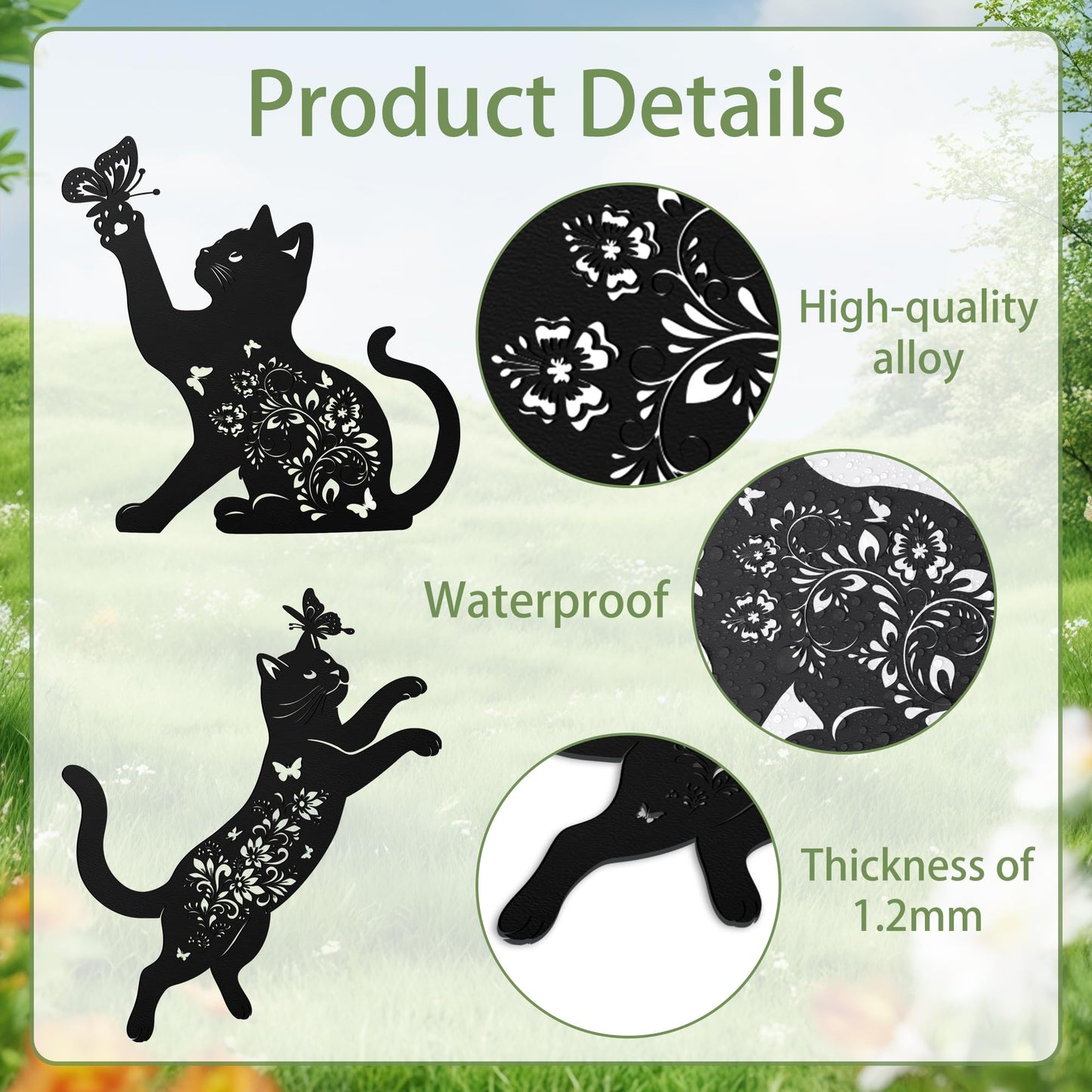 Cat Decorative Garden Stakes, 3 Pcs Cat Lover Gifts for Women Men Metal Garden Stakes, Butterfly Floral Silhouette Outdoor Yard Art Lawn Decor