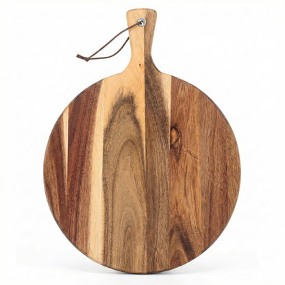 Garaten Round Acacia Wood Cutting Board with Handle - 12 Inch Wooden Charcuterie Board and Serving Platter - 0.7" Thick Acacia Wood Chopping Board for Kitchen with Leather Strap