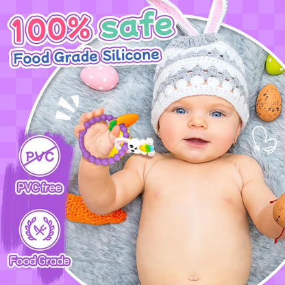 Teething Toys for Babies 3-6 Months, Tinabless Baby Easter Teether Silicone Chew Toys Easter Basket Stuffers for Baby 6-12 Months Infant Teething Toys Easter Gifts Boys Grils Bunny Carrot (Purple)