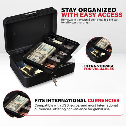 Honeywell Safes & Door Locks - Standard Small Cash Box with Removable Money Tray - Storage Under Tray & 5 Coin Slots - Durable Metal Safe with Key Lock - Saving Money Lock Box - Black, 0.14 CU - 6112