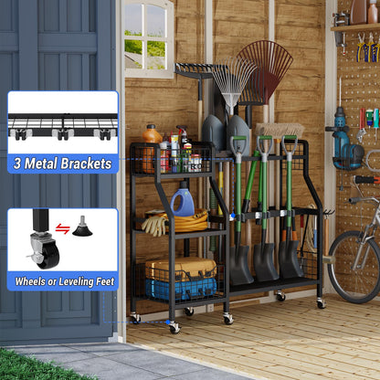 keomaisyto Garden Tool Organizer with 6 Wheels(3 lockable), Heavy Duty Yard Tool organizer with 2 Basket, Large Metal Garage Tool Organization and Storage for Garage/Shed/Yard/Broom Closet/Lawn