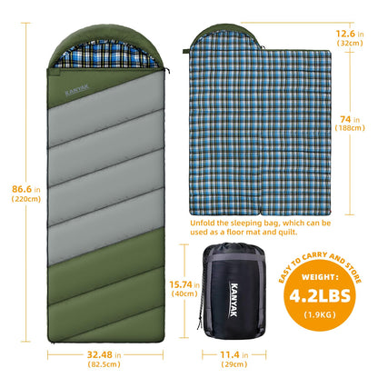 Sleeping Bags for 3 Seasons, Adults Teens Cold Weather & Warm, Cotton Flannel Backpacking Sleeping Bag, Lightweight Compact Camping Essentials Equipment, Hiking, Outdoor, Travel(Green Grey-1)
