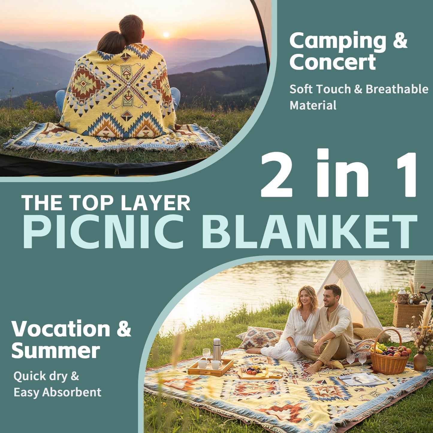 2 in 1 Extra Large Camping Blanket Outdoor Picnic Yoga Mat Lightweight Car Essential Roadtrip Gadget Rv Accessories Glamping Tent Gear Must Haves Hiking Stuff Backpacking Necessities Women Beach Gift