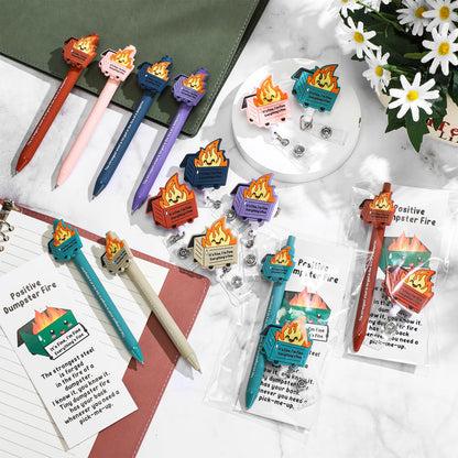 Sayglossy 12 Set Employee Appreciation Gift Bulk Dumpster Fire Badge Reel Funny Ballpoint Pen Saying Dumpster Fire ID Card Holder Thank You Card Emotional Social Worker Month Support Gift for Nurse