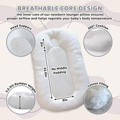 Baby Lounger Pillow for Newborn – Large Infant Lounger 0-24 Months | Anti-Startle Removable Wings, Breathable Mesh Core | 2-Sided Cotton & Minky Cover | Tummy Time Mat, Portable Baby Nest (Pink)