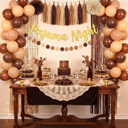 Riceshoot 41 Pcs Brown and Beige Pajama Night Party Decoration Kit Include Pajama Night Banner Paper Pom Poms Tassel Garland Circle Dot Banner Balloons for Gathering Brown Party Decoration Supplies