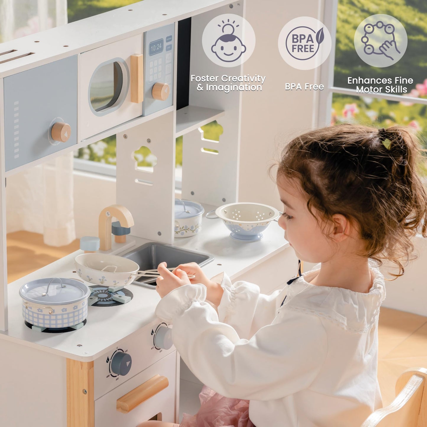 ROBUD Kids Pots and Pans Playset,Kids Kitchen Accessories Pretend Cooking,Cream Blue Pots and Pans Metal, Toddler Kitchen Playset for Boys Girls, Mini Toy Kitchen Accessories(9 Pieces)