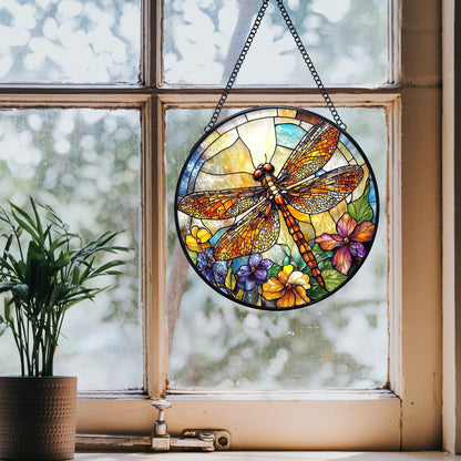 Yjeslw Dragonfly Flower Stained Glass Window Hanging Suncatchers, Dragonfly Sun Catchers Indoor Window Glass Wall Art Decor, Nature Insect Floral Wall Hanging Decorations Sculptures, 7.9x7.9in
