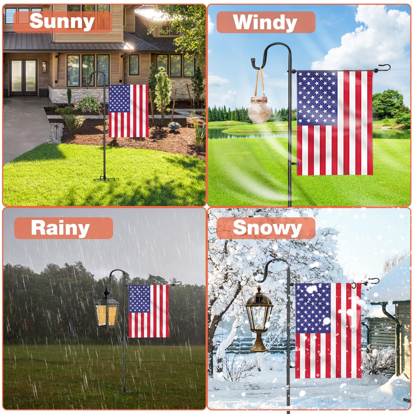 LOPANNY Garden Flag Stand - Upgraded Garden Flag Pole with Shepherd Hooks for 12 x 18 Flag, 45IN Yard Flag Holder Stand for Small Flags(Without Solar Lights & Flag)