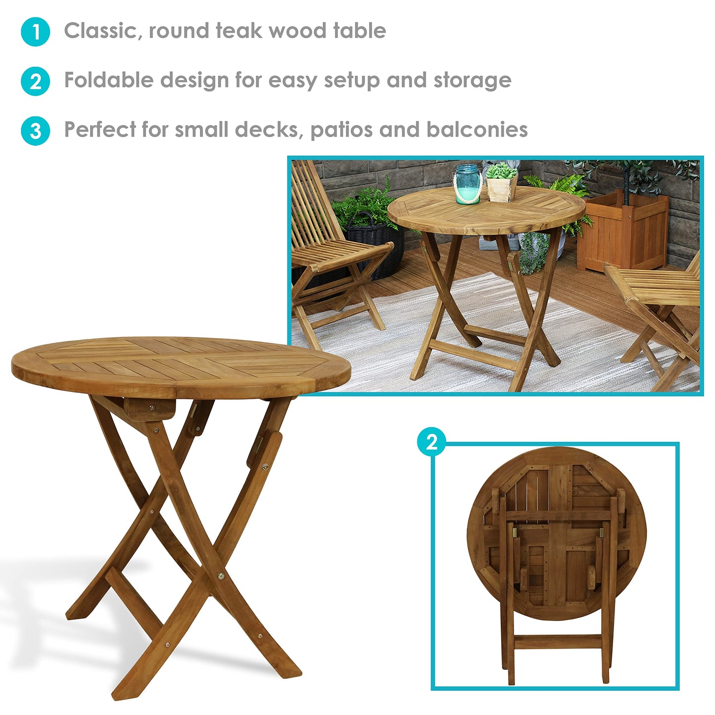 Sunnydaze Round Folding Solid Teak Outdoor Dining Table - Light Wood Stain Finish - 31 Inches