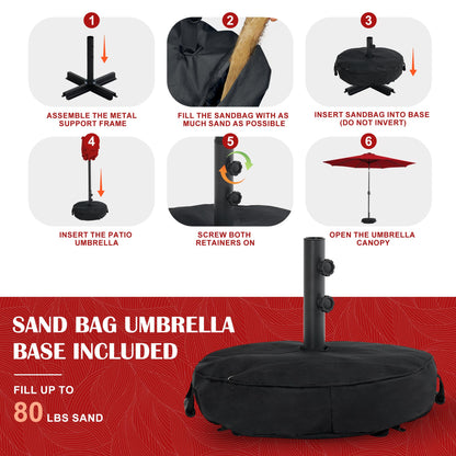Sundale Outdoor Solar 80 LED 9 ft Patio Umbrella with Sand Bag Umbrella Base, Outdoor Umbrella with Tilt and Crank, Red