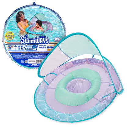 SwimWays Baby Spring Float, Baby Pool Float with Canopy, Swim Training PFD, Swimming Pool Accessories for Babies and Toddlers 9-24 Months, Mermaid
