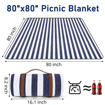 Timirock Striped Picnic Blankets 80” x 80” Extra Large Waterproof and Foldable Beach Blanket, Oversized Blue and White Outdoor Blanket for Camping, Travel, Park, Grass, Patio (Blue & White, 80" x 80")