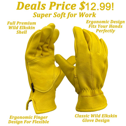 SKYDEER Full Premium Wild Elkskin Leather Work Gloves for Men, All-Weather Durable & Breathable, Anti-Slip Grip, Large Glove for Heavy-Duty Labor, Construction, and Gardening (SD8826/L)
