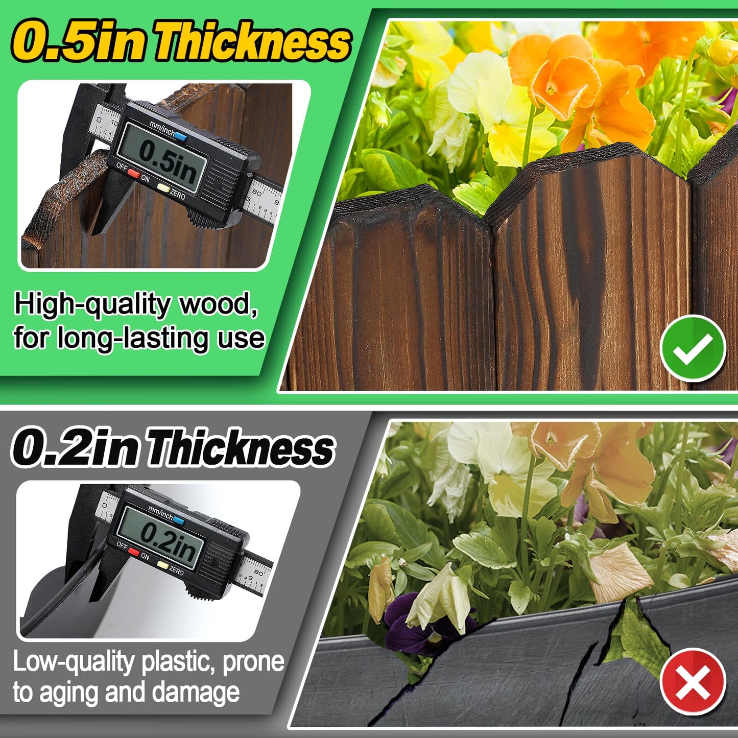 Rustic Pine Wood Garden Fence - 26.2ft Total Length (2pcs 13.1ft L*12in H) Easy to Install Sturdy Wooden Landscape Edging Border, No Fading Planter Fencing for Yard Flower Bed Lawns Pathway Tree