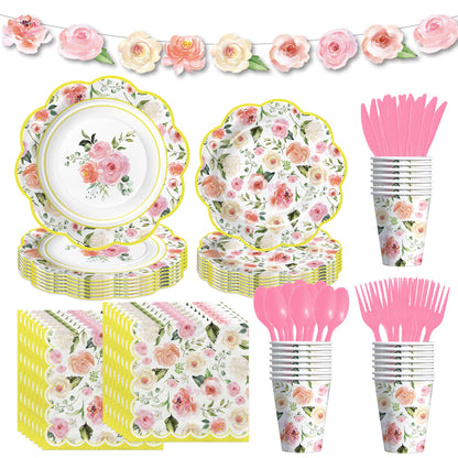 Owelleny Flower Floral Party Decorations, Spring Summer Elegant Garden Floral Party Supplies for Birthday Bridal Wedding Baby Shower, Disposable Paper Plate, Cup, Napkin, Banner, Cutlery, Serves 24