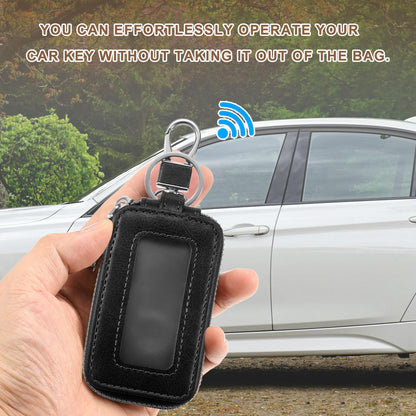 HARFINGTON 2Pcs Double Car Key Fob Case Leather RFID Smart Key Chain Keychain Holder with Metal Hook Keyring Zipper Bag for Remote Key Fob, Black
