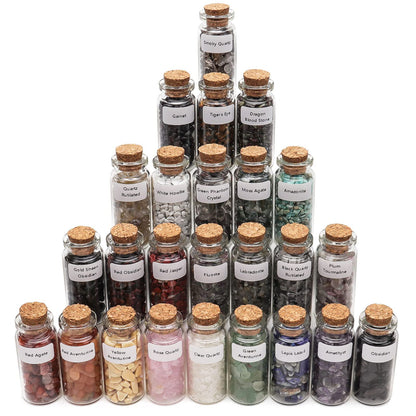 Consine A Set of 25 Different Crystal Gemstones in Glass Bottles, Chip Crystal Natural Reiki Healing Tumbled Stones Random Stuff Witchcraft Crystals for Meditation Therapy