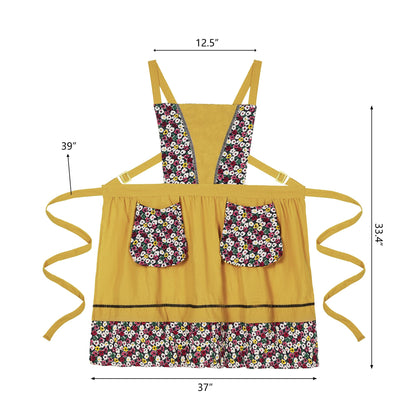 Pinknoke Kitchen Aprons for Women with Pockets Cute Floral Chef Pinafore Apron for Gardening Cooking Baking Painting (Mustard)