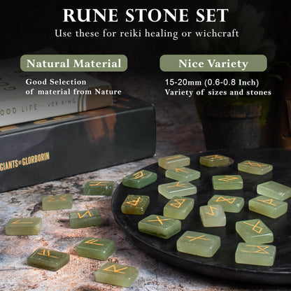 Crocon Green Jade Rectangle Shape Gemstone Runes with Elder Futhark Alphabet Engraved 25 pcs Rune Set Crystal Divination Metaphysical Healing Chakra Reiki Runes Set with a Pouch Size : 20-25mm