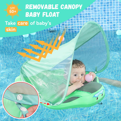 GENTEACO Mambobaby Baby Pool Float with Removable Canopy 3-24 Months Baby Float Non-Inflatable Infant Swim Float Add Tail Avoid Flip Skin-Friendly Material Swim Trainer for Toddler Boys Girls (Green)