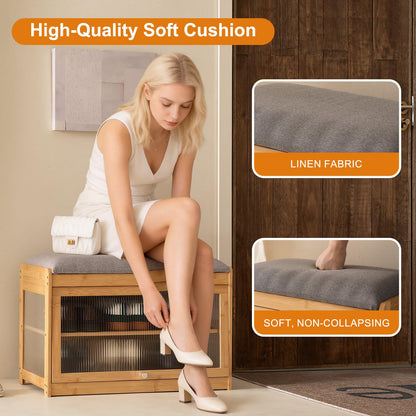 ZHUMUJIAJU Bamboo Shoe Storage Bench with Seat Cushion for Entryway, 27" Farmhouse Small Shoe Rack with Hidden Flip-Top Storage & Dustproof Acrylic Door, 2-Tier Narrow Shoe Cabinet Organizer, Natural