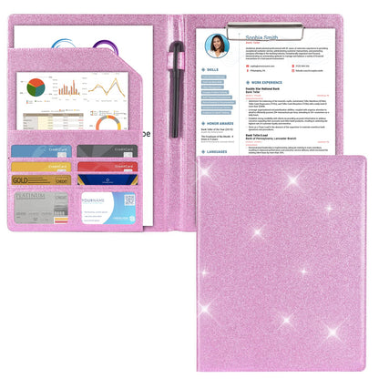 Cacturism Padfolio Portfolio Folder, Foldable Letter Size Clipboard Legal Pad, Bling PU Leather Professional Folio Organizer for Women - Resume Business Document Holder for Job Work Office, Pink