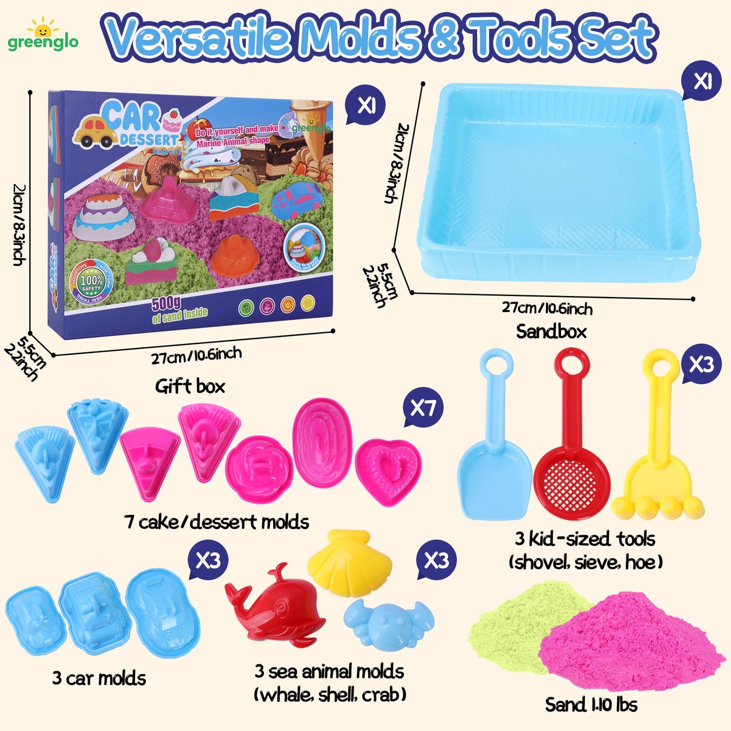 greenglo Kids Sensory Magic Sand Playset - 1.10 Lbs Color Sand Kit, 16 Pcs Molds (Cake/Dessert, car, sea Animal) & Tools, Ideal Sensory Bin for Boys & Girls Ages 3-8